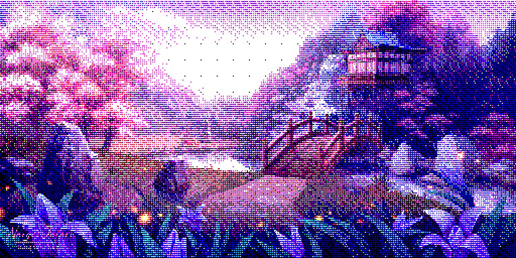 Dithered moonlit pagoda scene
