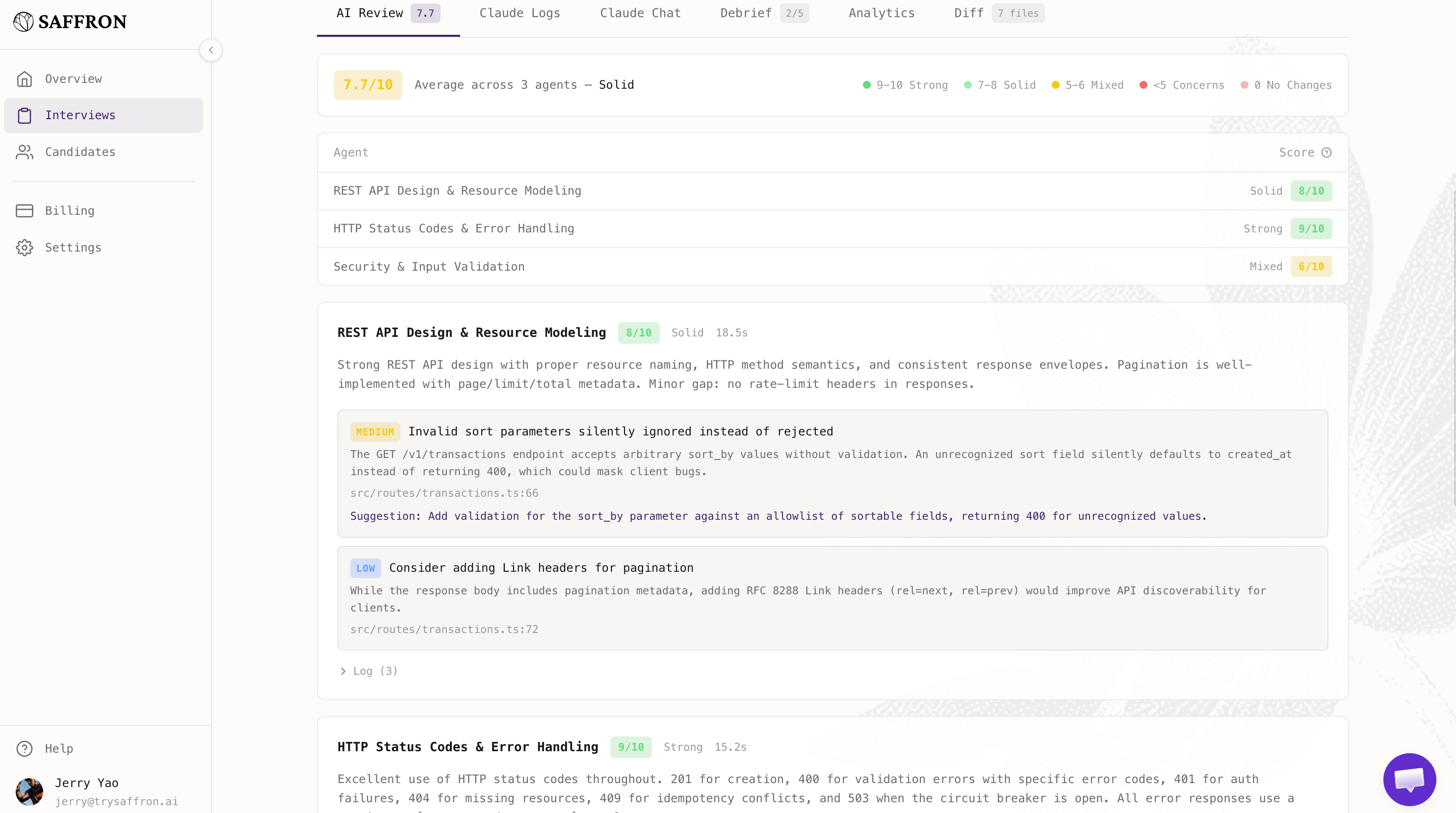 Saffron platform — candidate assessment review